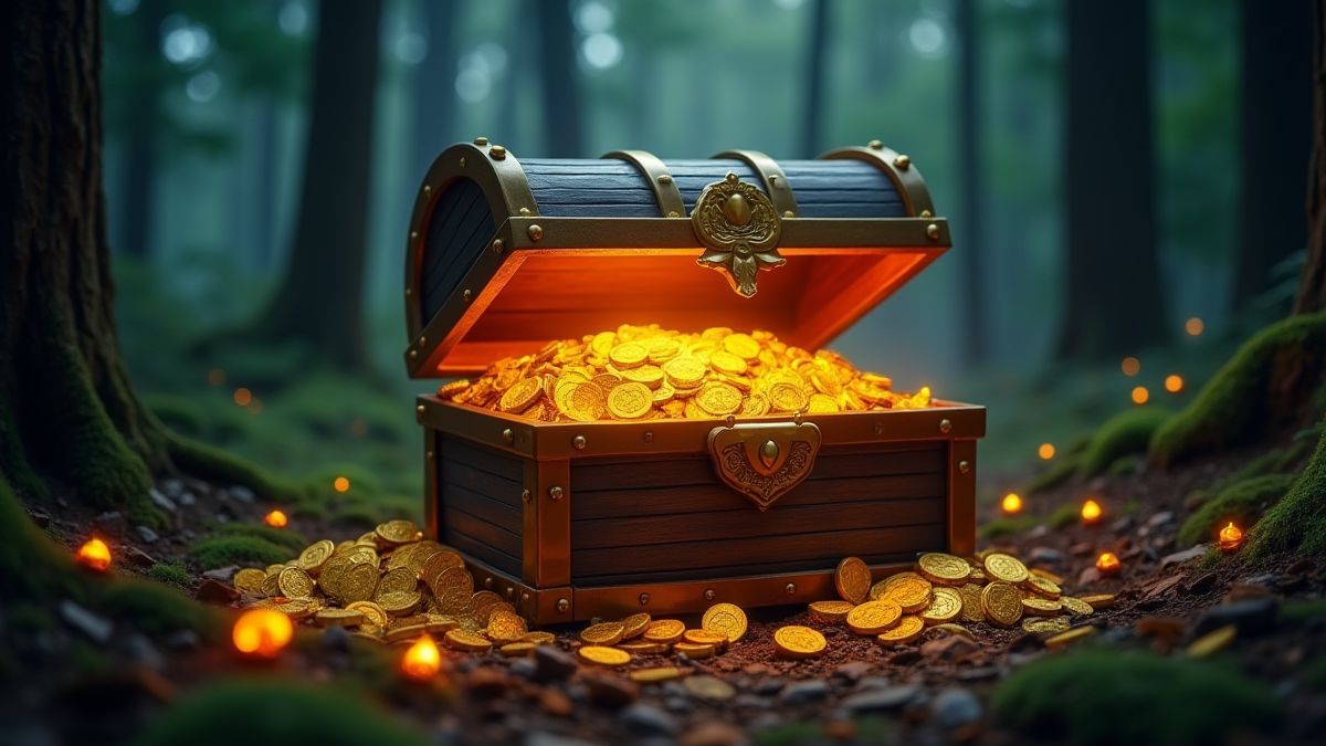 Un cofre del tesoro mágico brillando con monedas de oro y joyas en un bosque.