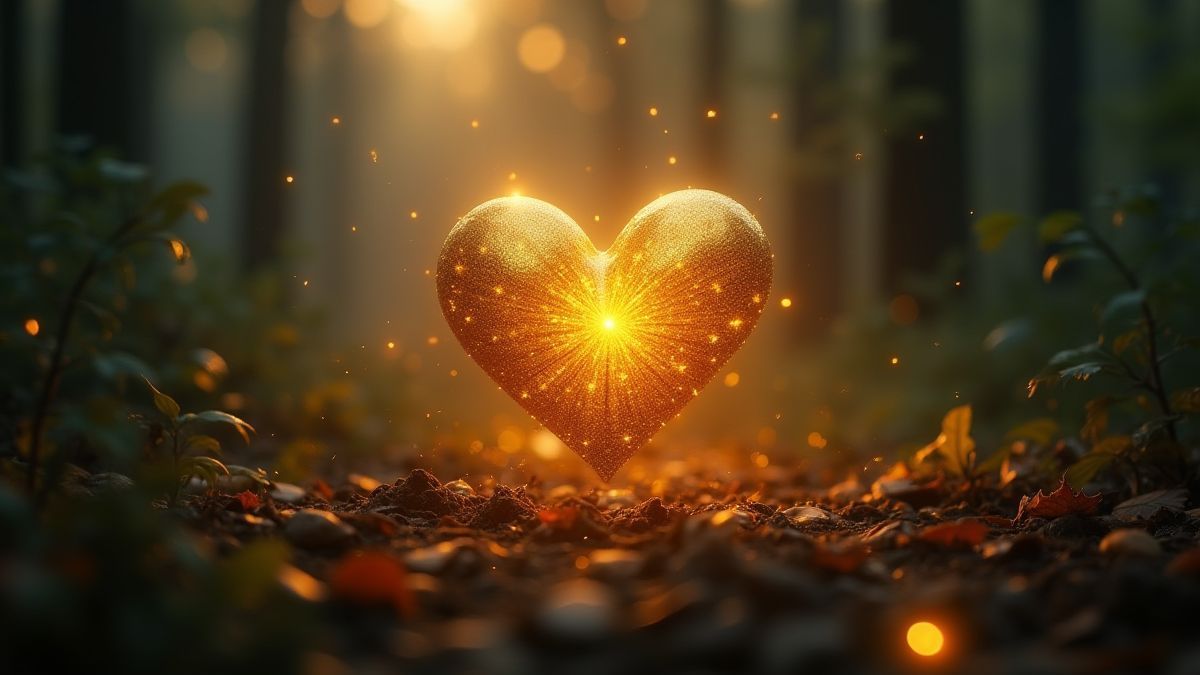 Leuchtendes goldenes Herz in einer magischen Waldumgebung.
