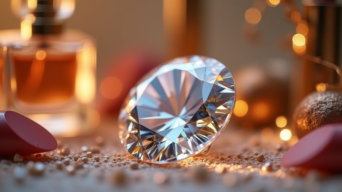 Un diamante brillante rodeado de objetos de lujo como un perfume y pintalabios.