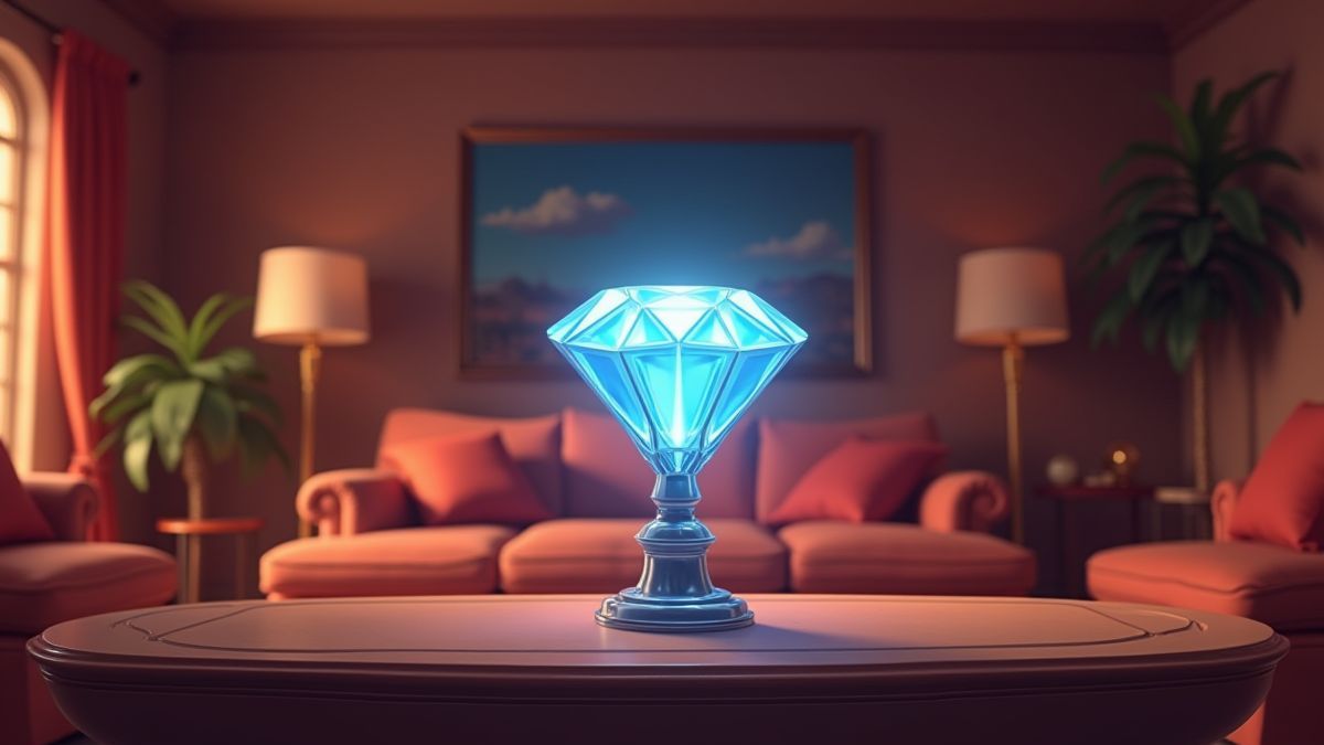 Una sala de estar lujosa con un diamante como pieza central en la mesa.