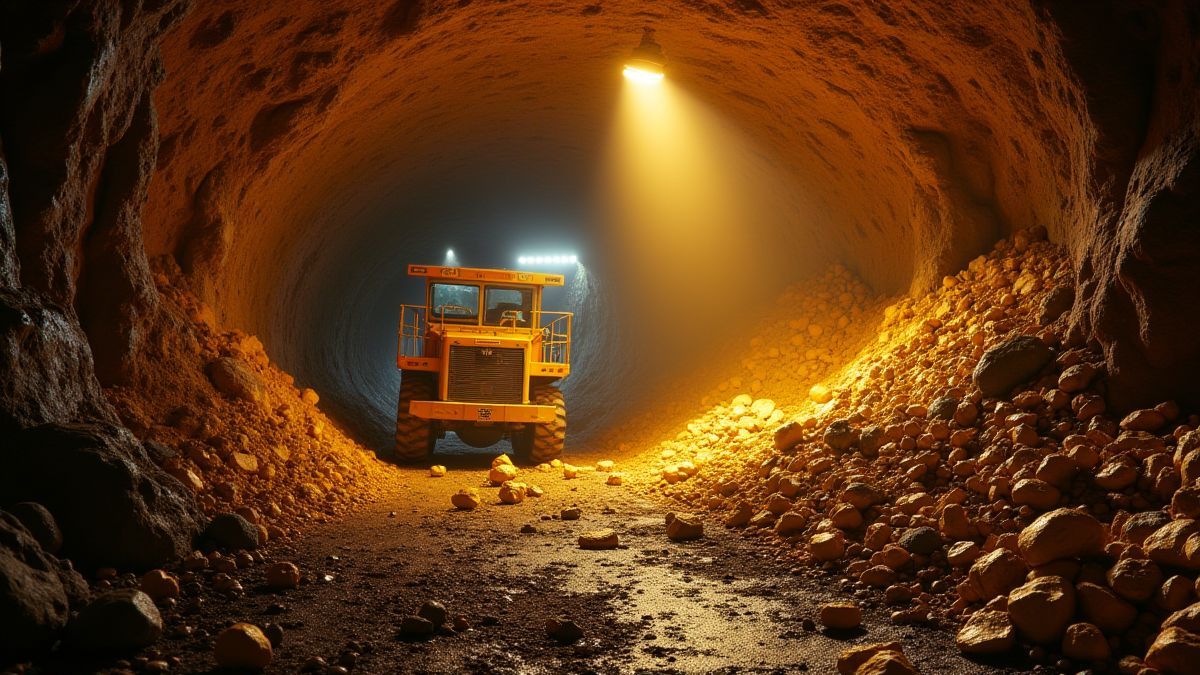 Ondergrondse mijnbouwscene met moderne machines en gloeiende goudklompjes.