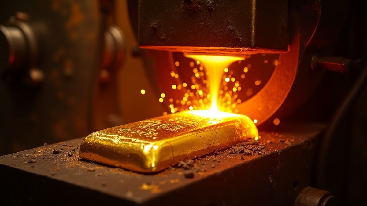 Goudstaven worden gesmeed in een gloeiende machine met vonken die vliegen.