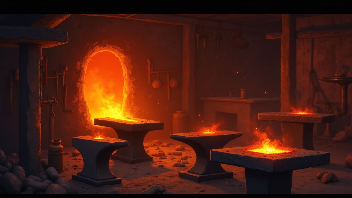 Eine beleuchtete Schmiede mit schmelzenden Edelsteinen.