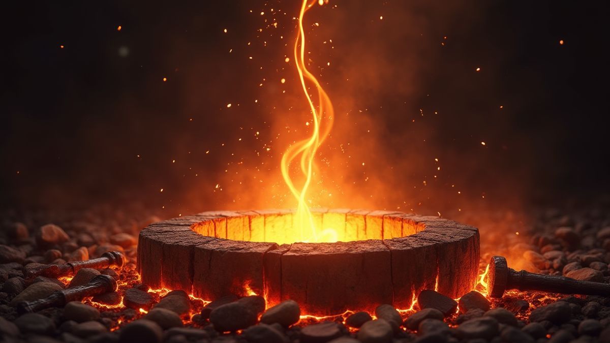 A glowing forge surrounded by mythical symbols like hammers and sparks.