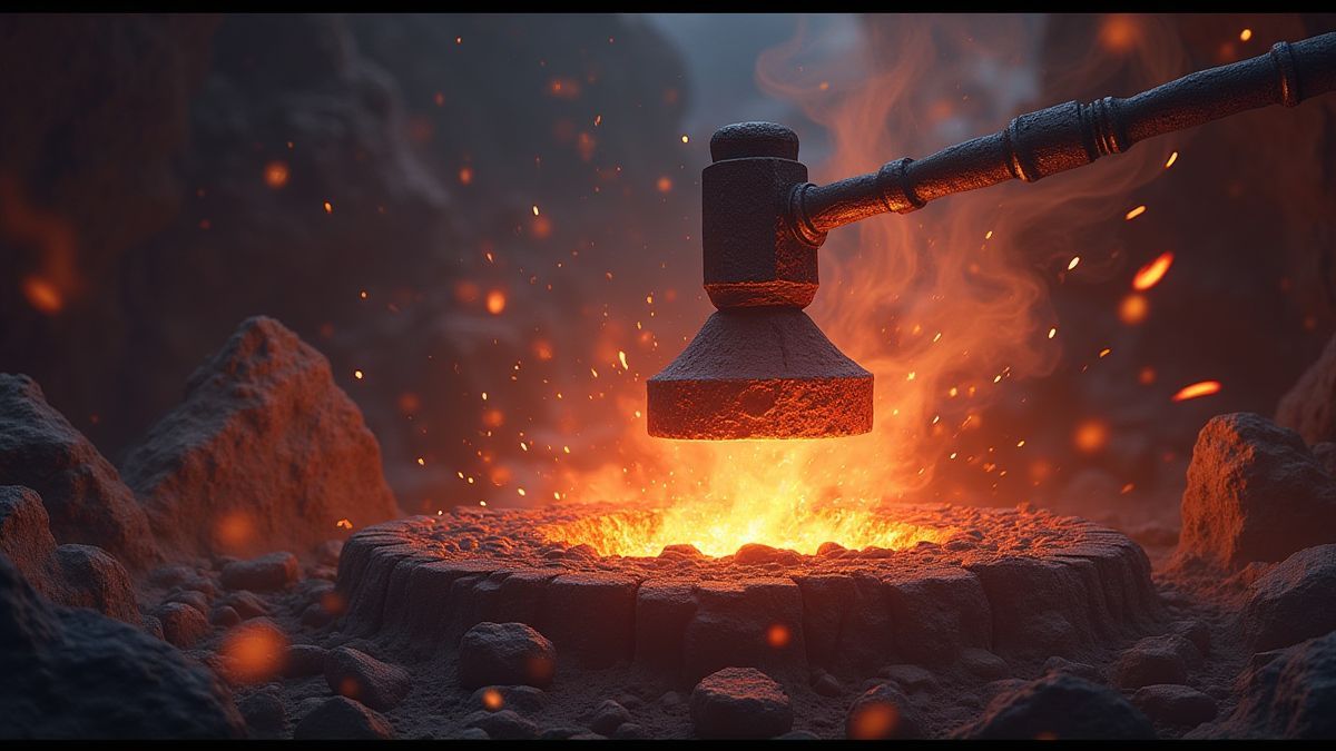 Mythical symbols like thunderbolts and hammers shining in a celestial forge.