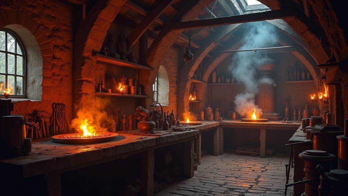 Een middeleeuwse smederij met glanzende gereedschappen en magische elementen.