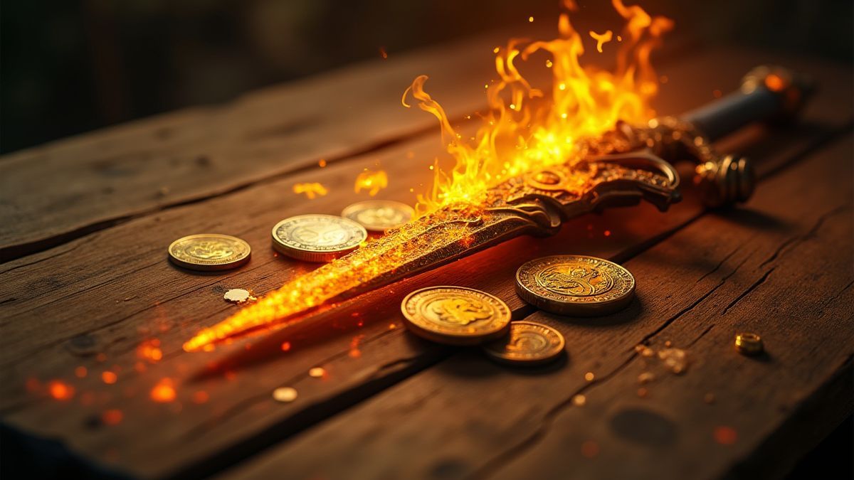Gouden munten en glanzende magische wapens op een houten tafel.