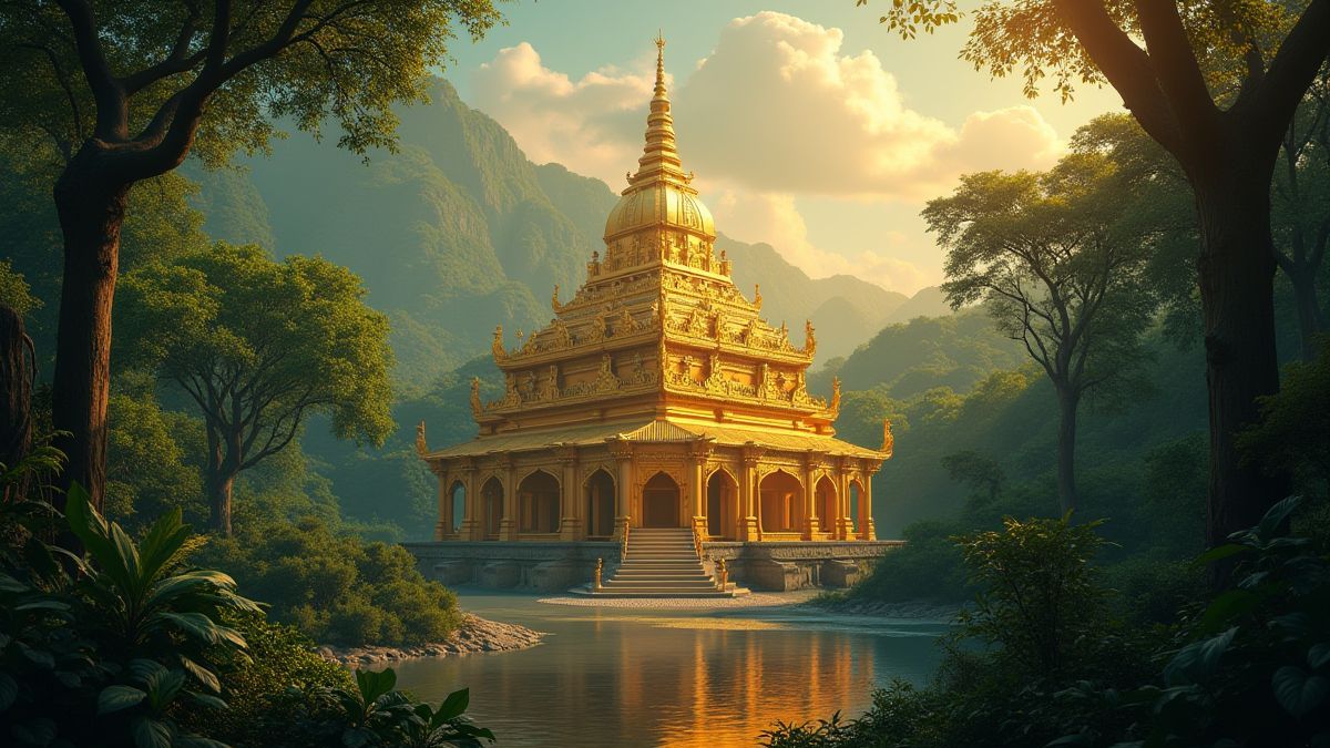 An ancient golden temple surrounded by dense jungle.
