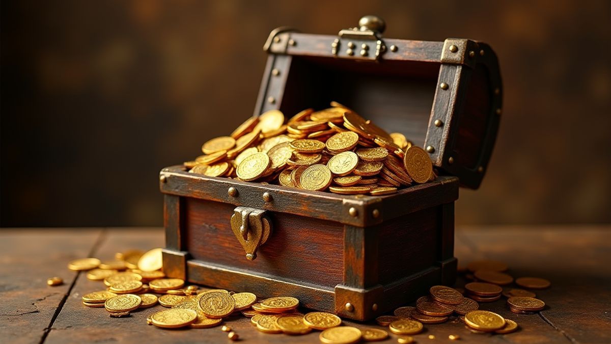 A treasure chest filled with ancient gold coins and artifacts.