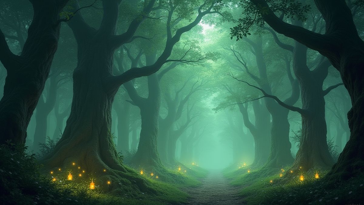 Un bosque mágico con runas brillantes y criaturas fantásticas.