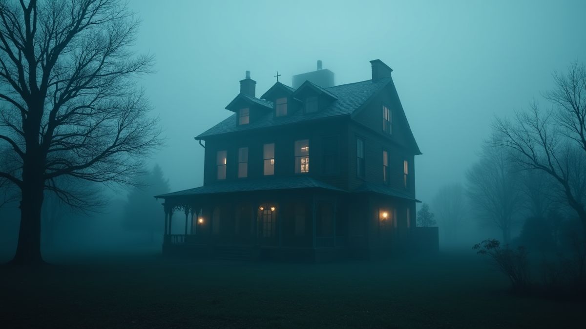 Une maison hantée entourée de brume et d'ombres inquiétantes.