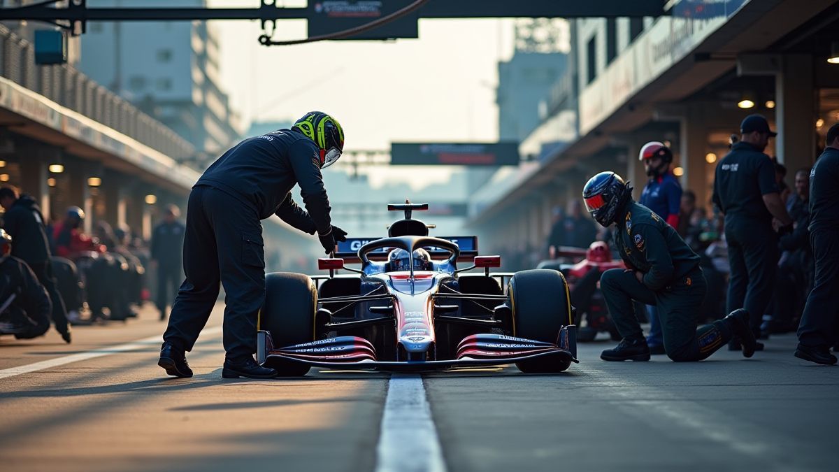 Pit lane met monteurs die aan een raceauto werken.