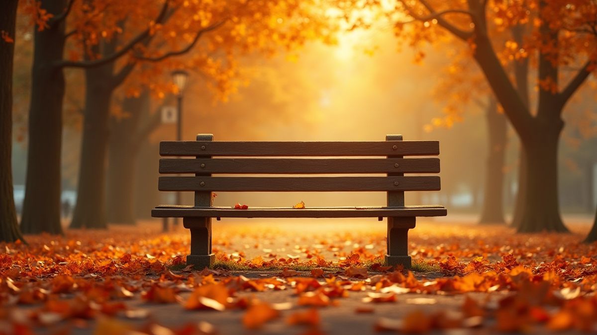 Banco em um parque rodeado de folhas de outono.
