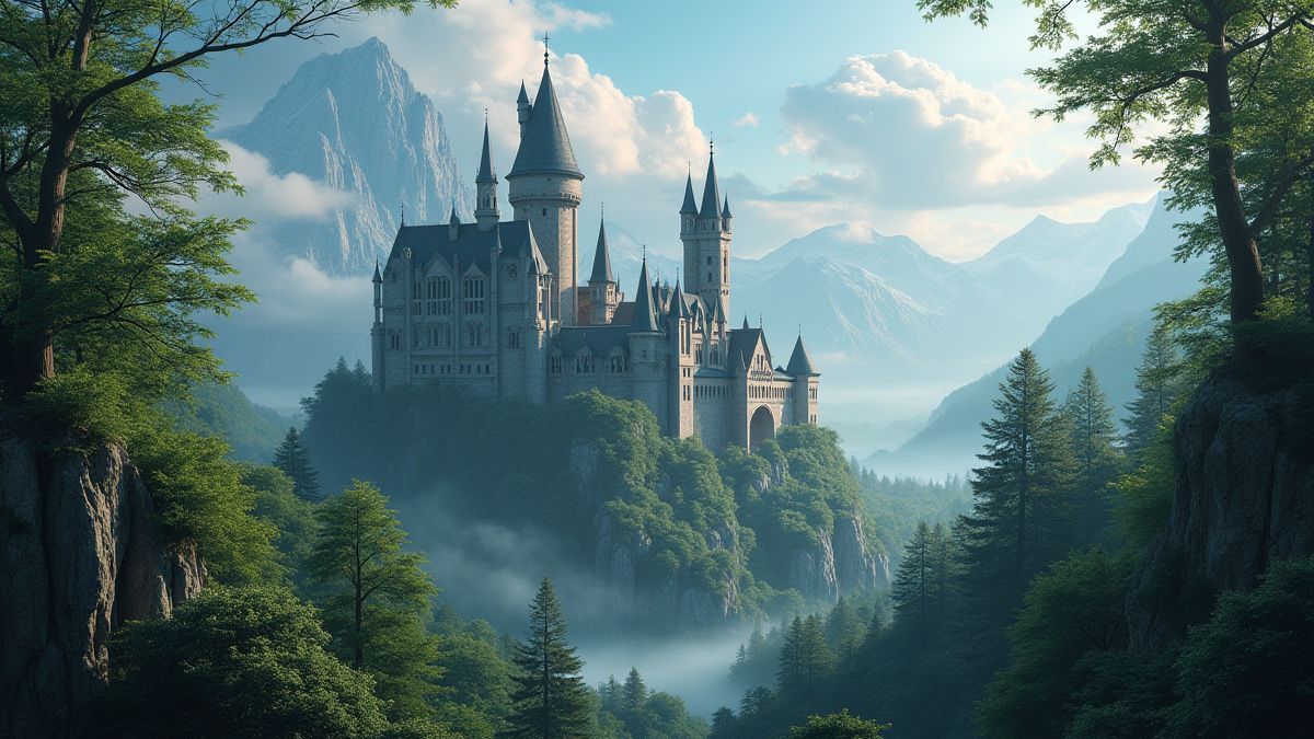 Castelo medieval rodeado de um bosque frondoso.