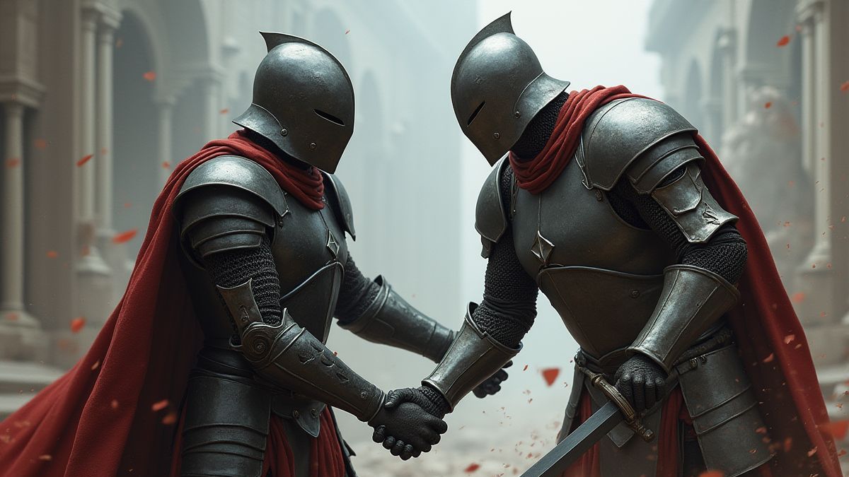 Cabaleiro lutando contra um guerreiro sombrio.