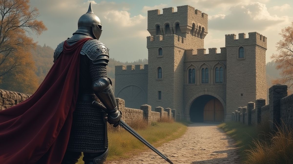 Un caballero medieval protegiendo la entrada de un castillo.
