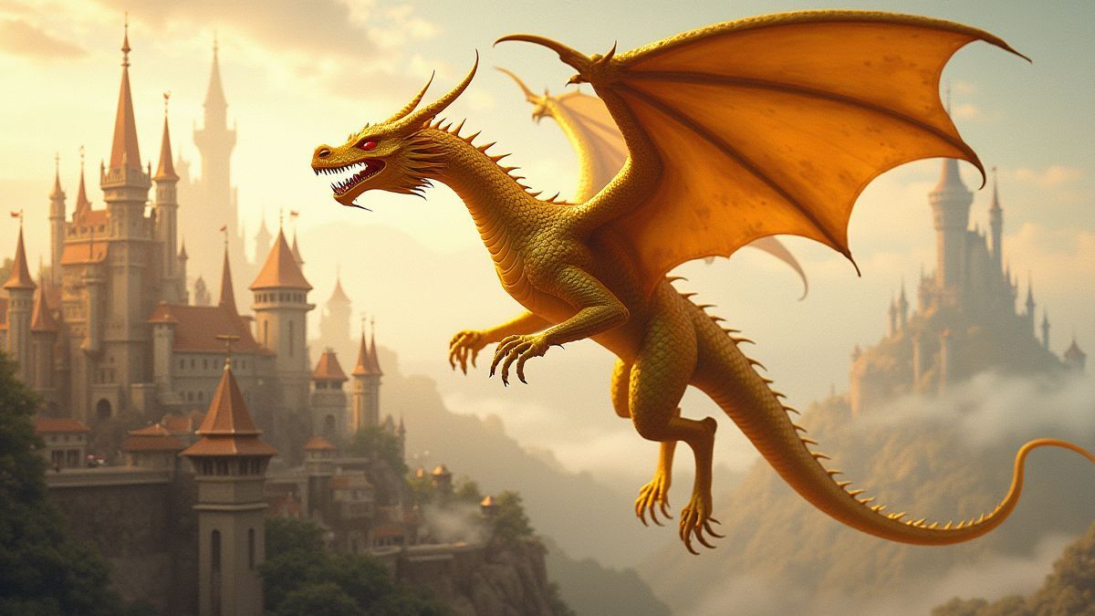 Un dragón dorado sobrevolando un reino medieval.