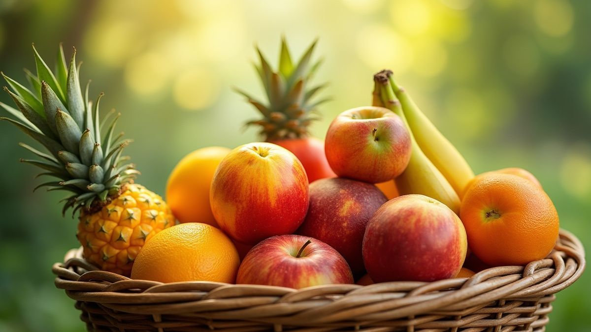 Cesta con frutas vibrantes bajo el sol.