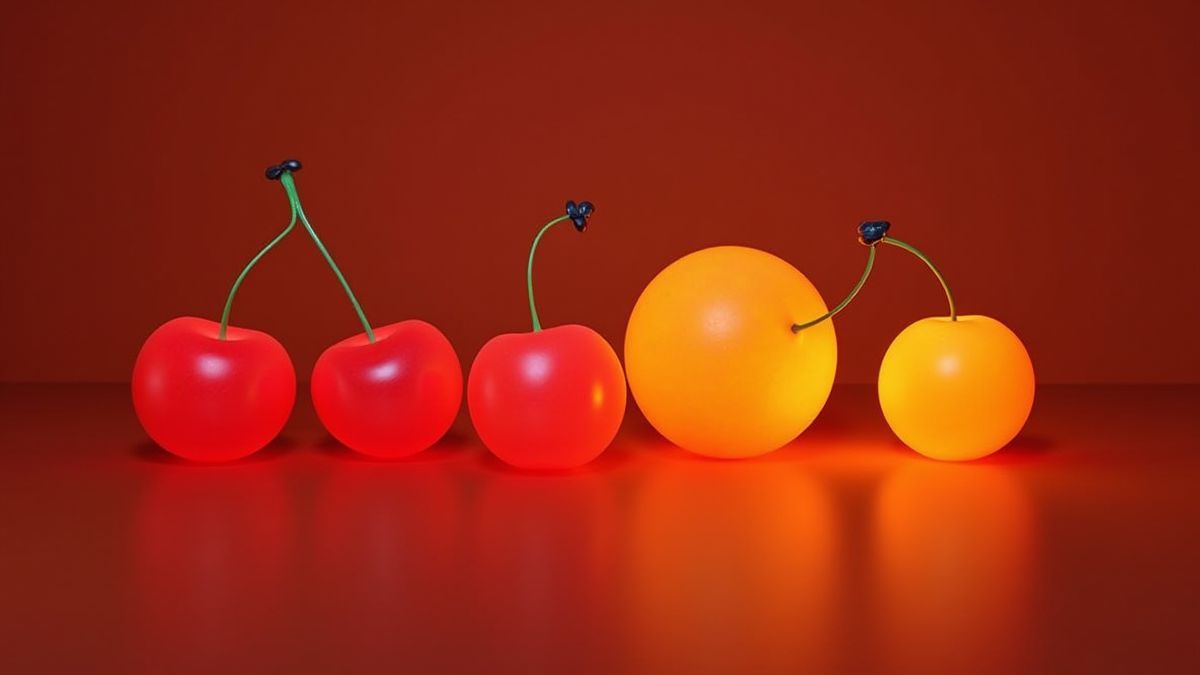 Diseño simple de frutas con cerezas y naranjas brillantes.
