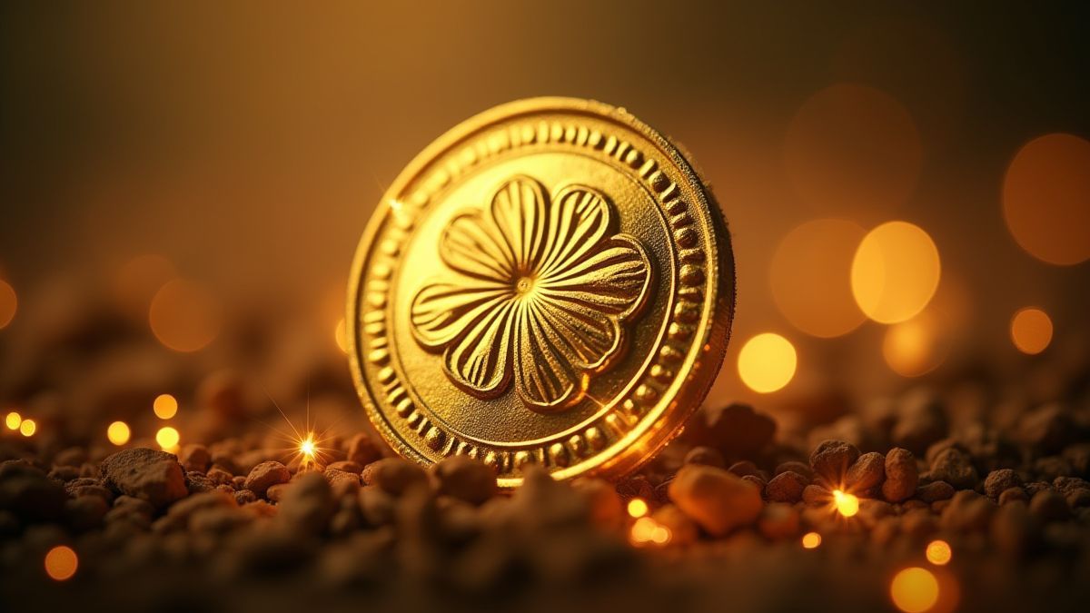 Moneda dorada con trébol grabado y destellos brillantes.