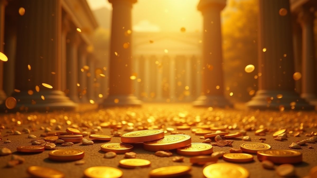 Goldene Münzen, die in einer römisch inspirierten Umgebung herabregnen.
