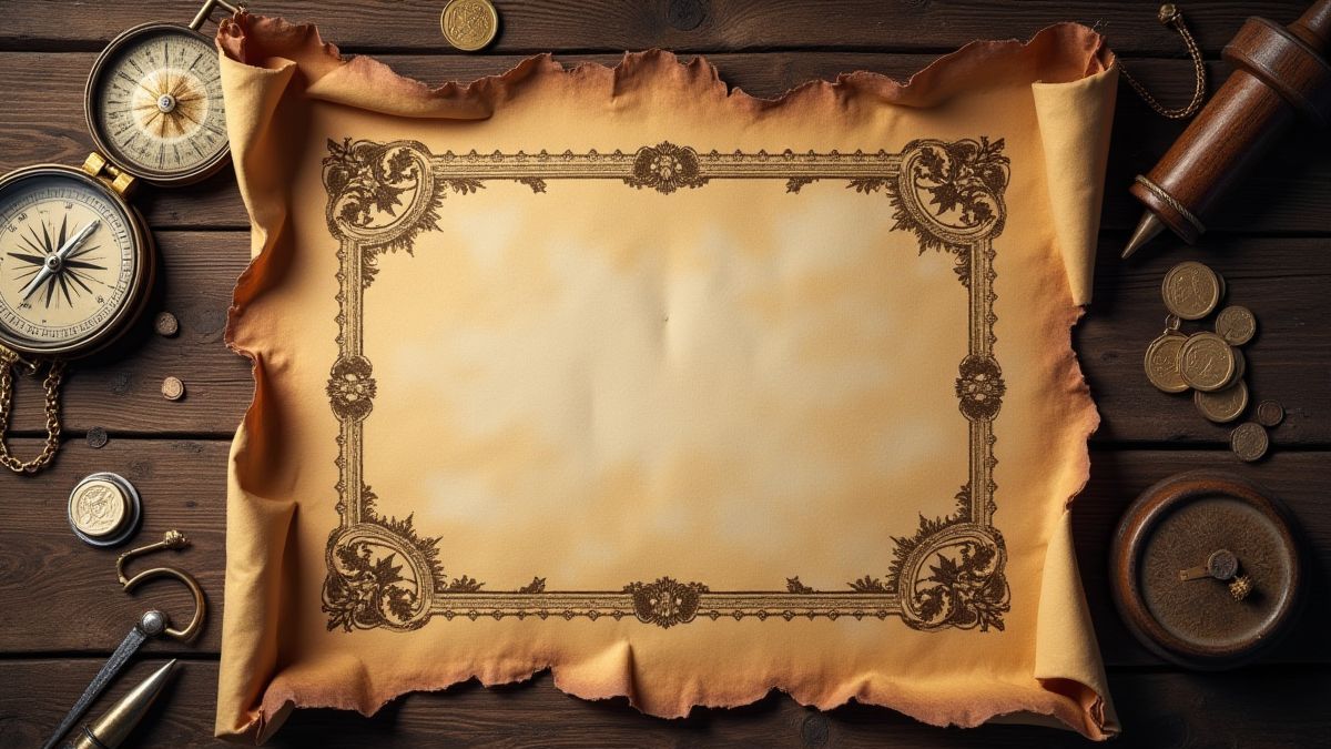 Schatzkarte auf einem Holztisch umgeben von Piratentools wie einem Kompass, Münzen und einem Dolch.