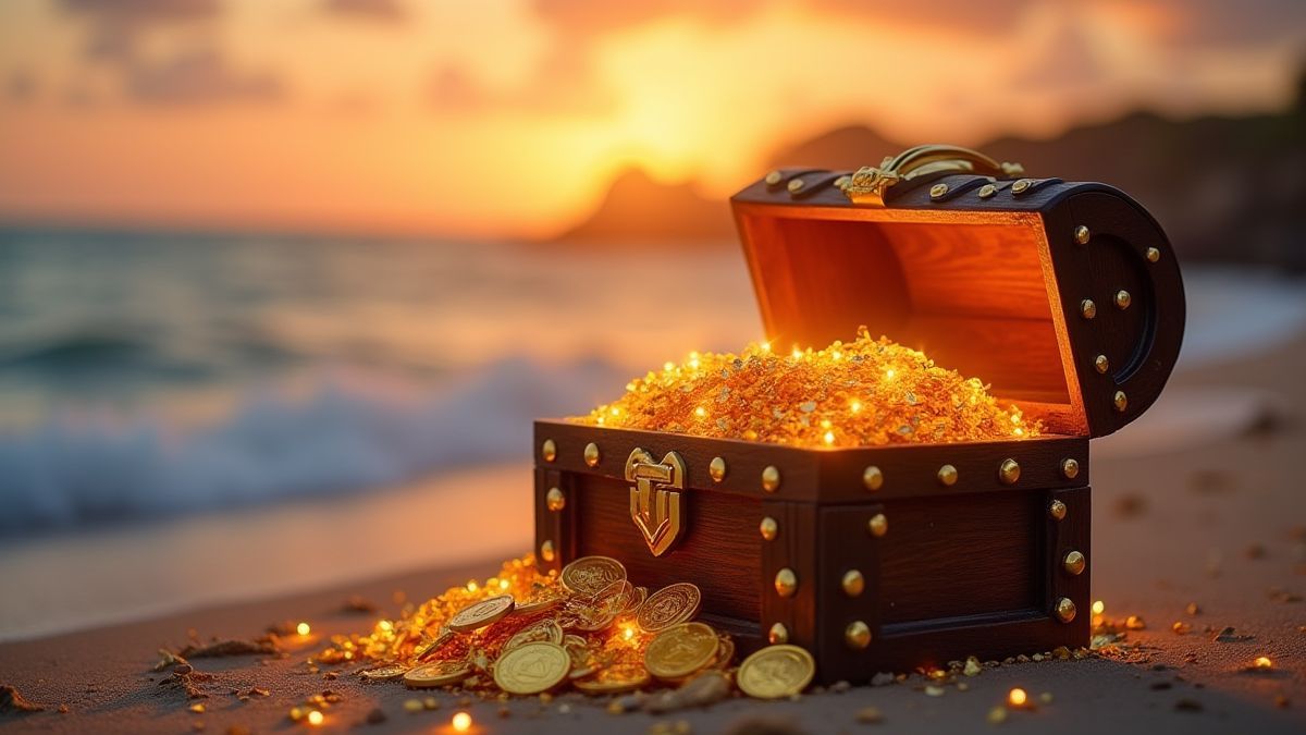 Schatztruhe voller Goldmünzen und Juwelen an einem Strand bei Sonnenuntergang.