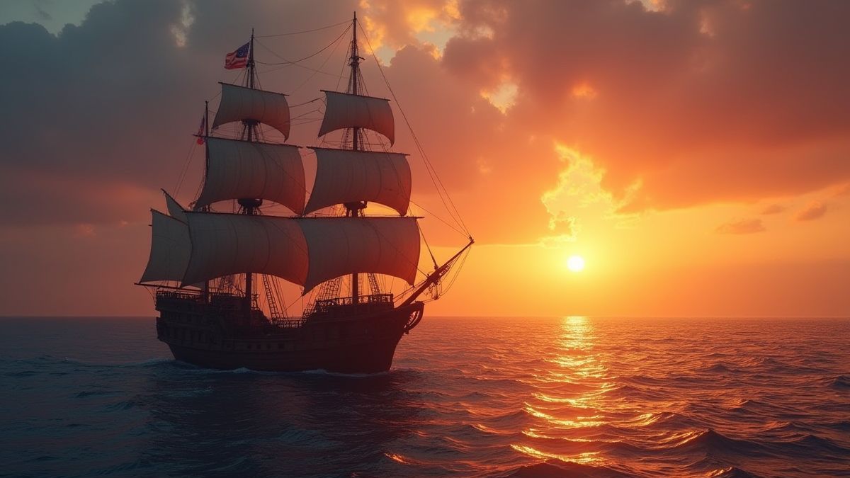 Piratenschiff, das in den Horizont segelt, mit der Sonne, die sich dahinter senkt.