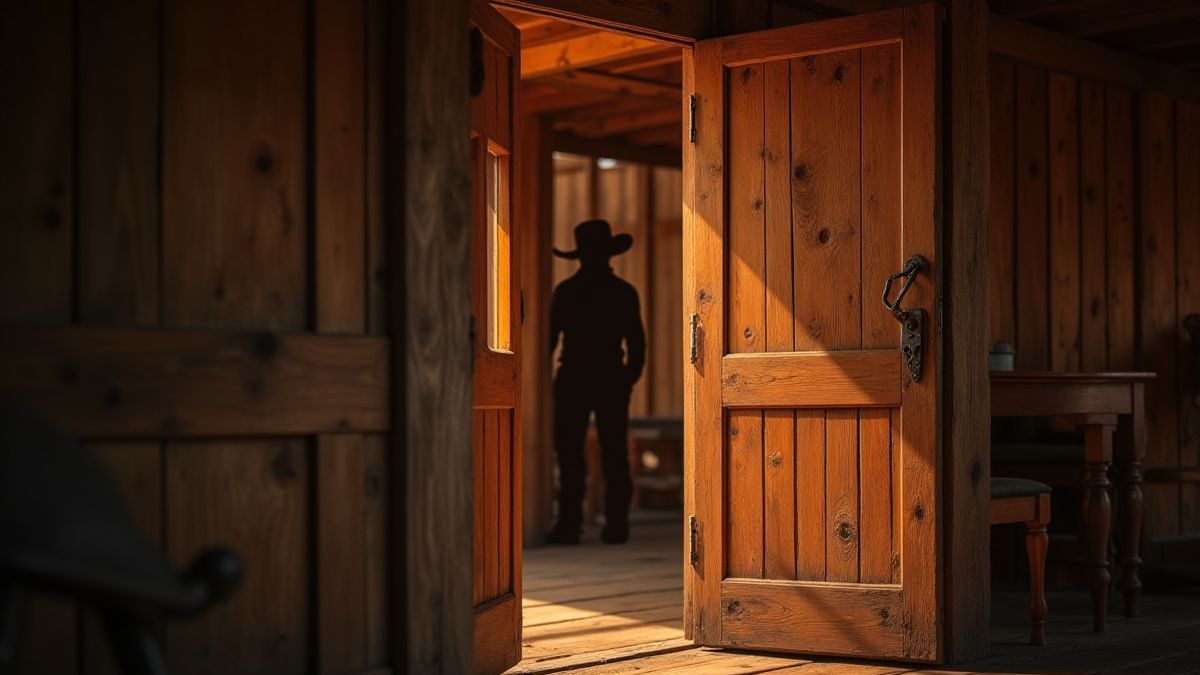 Puerta de un salón del Salvaje Oeste con la silueta de un cowboy al fondo.