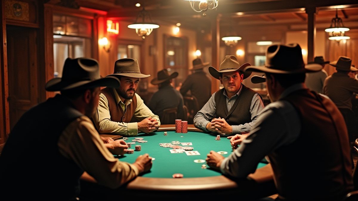 Mesa de póker rodeada de cowboys en un salón animado.