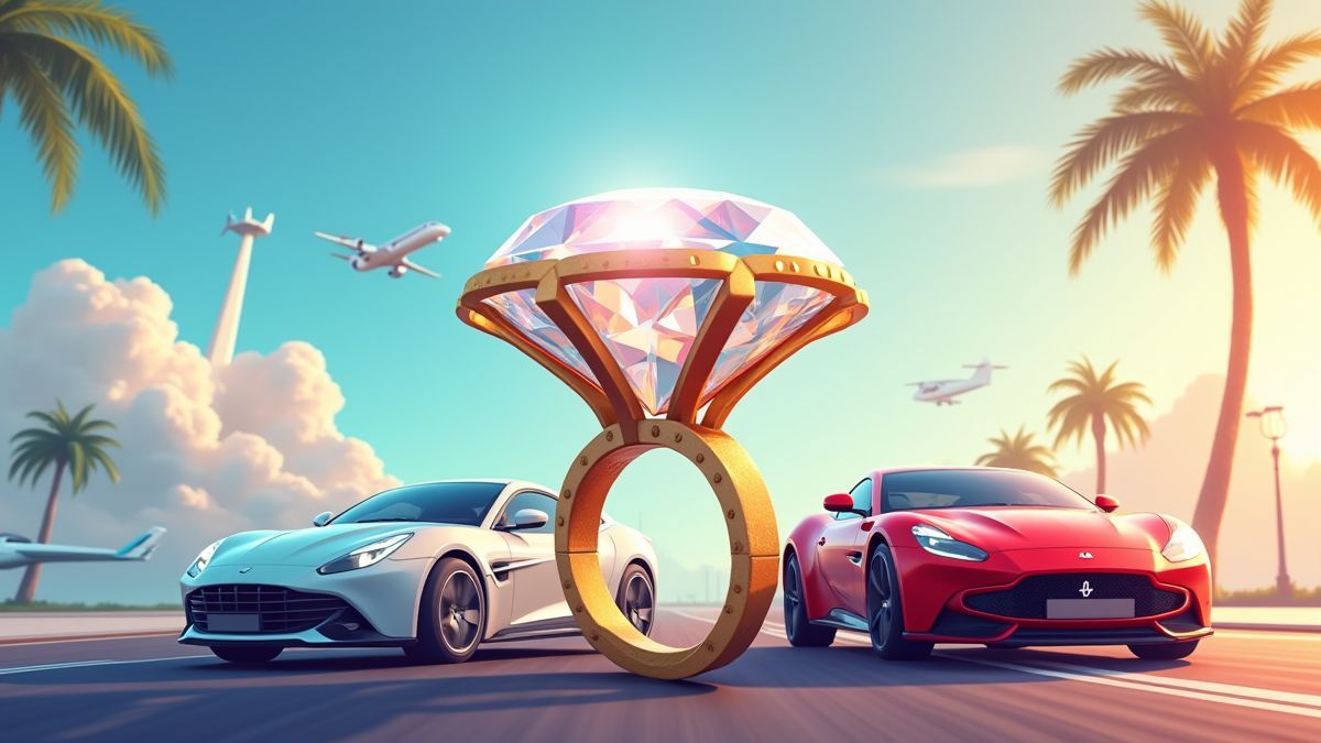 Símbolos de lujo como un anillo de diamantes, un jet privado y un coche deportivo.