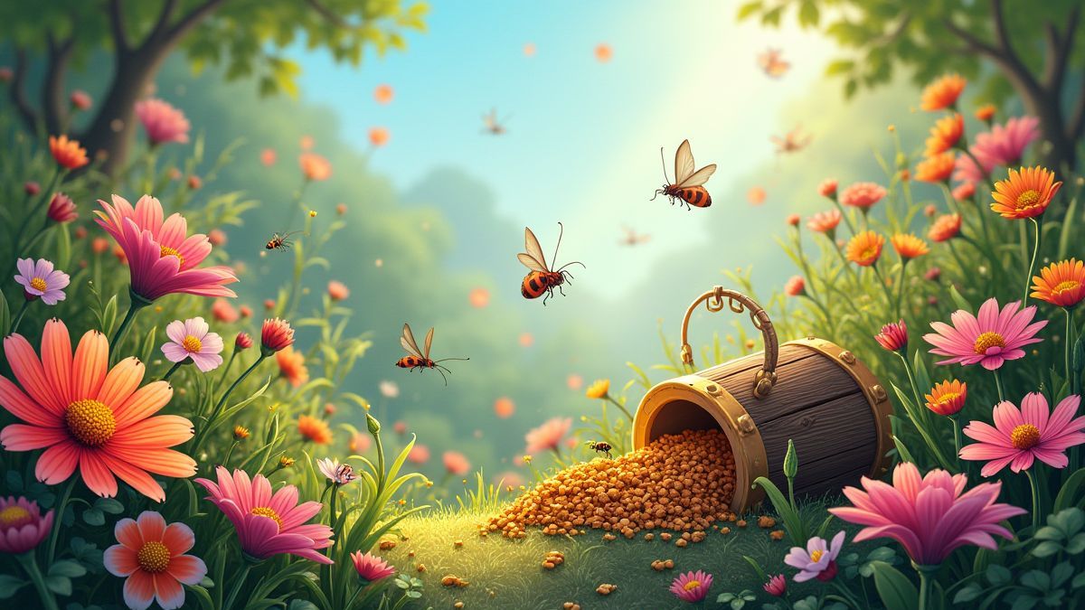 Vibrante tuin met kleurrijke bloemen en insecten bij een schat.