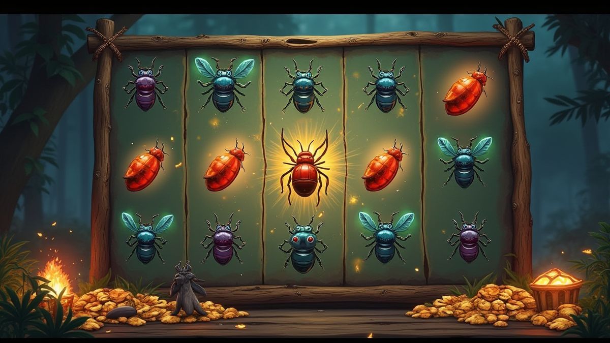 Geanimeerde interface met symbolen van insecten en schatten.