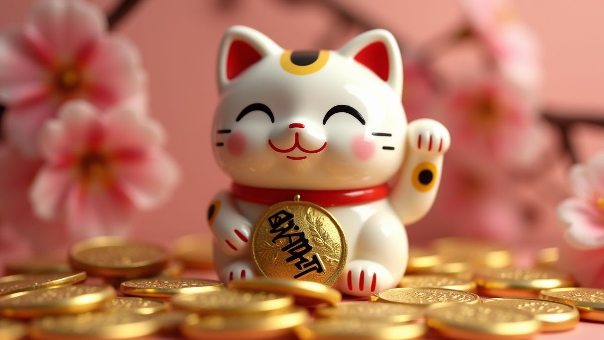 Figura de Maneki-Neko rodeada de moedas douradas e flores de cerejeira.