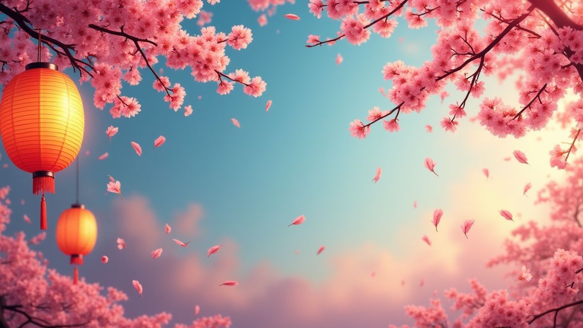 Fundo oriental com flores de cerejeira e lanternas.