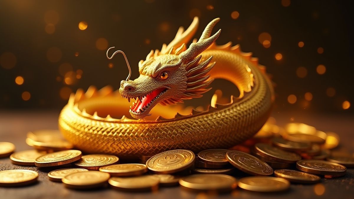 A golden dragon curled around a pile of ancient coins.