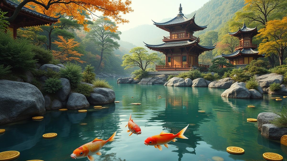 Ein Zen-Garten mit Pagoden, Koi-Fischen und goldenen Münzen.