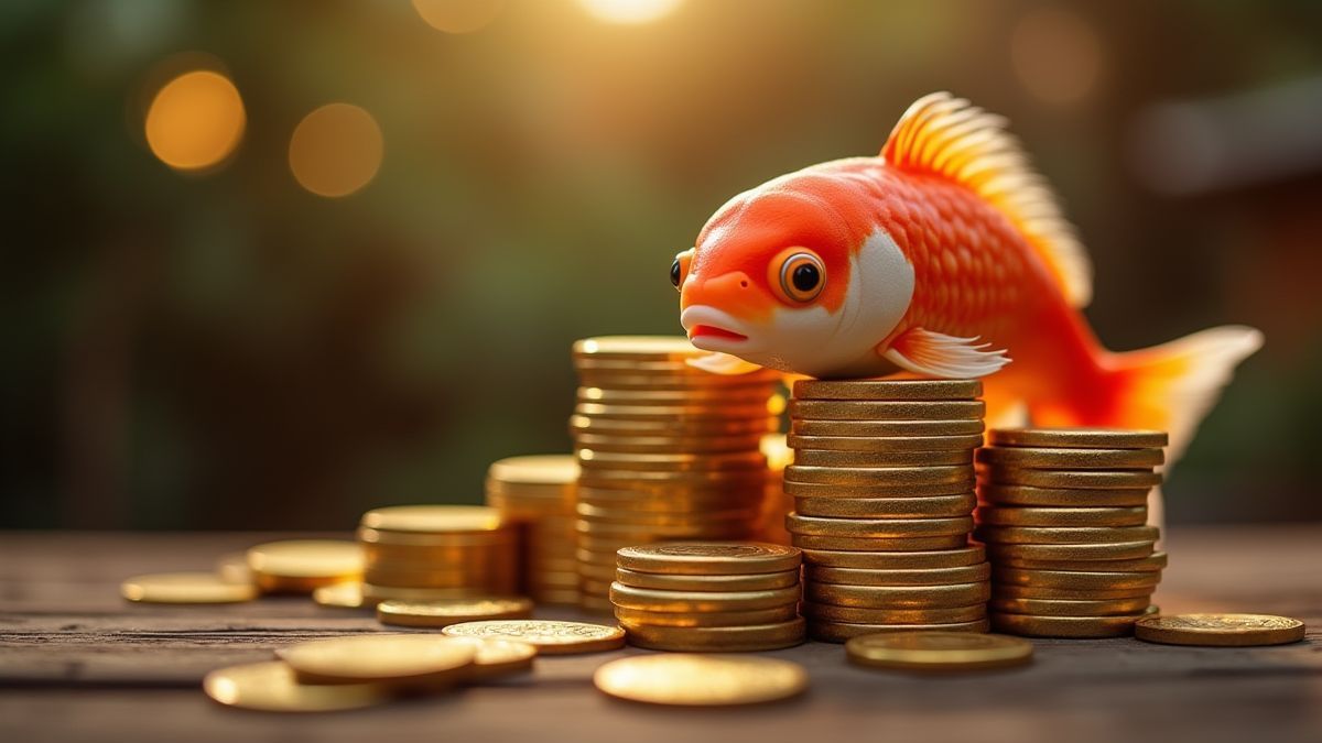 Goldene Münzen neben einem Koi-Fisch in einer eleganten asiatisch inspirierten Umgebung.
