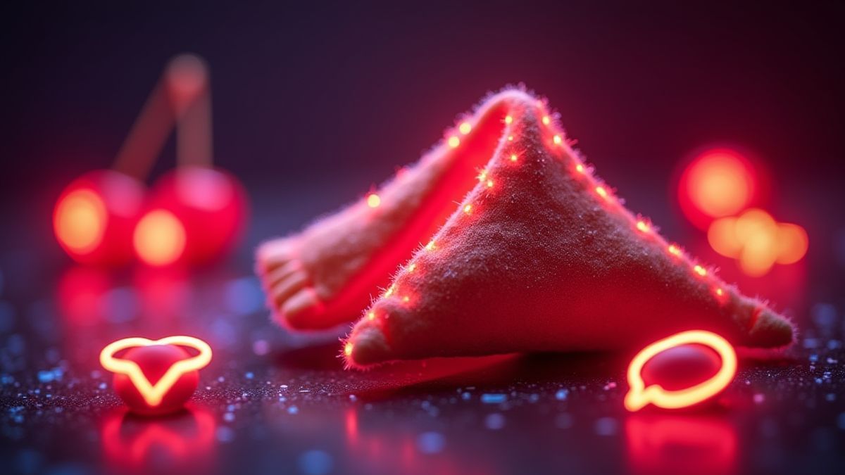 Una galleta de la fortuna iluminada con neón y símbolos como cerezas y barras.