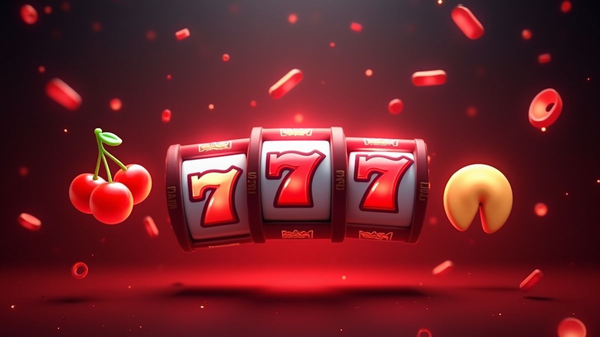 Símbolos de slot como cerezas y barras brillando bajo luces de casino.