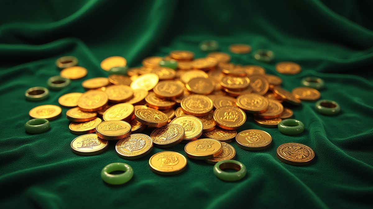 Monedas doradas y anillos de jade sobre fondo de terciopelo.