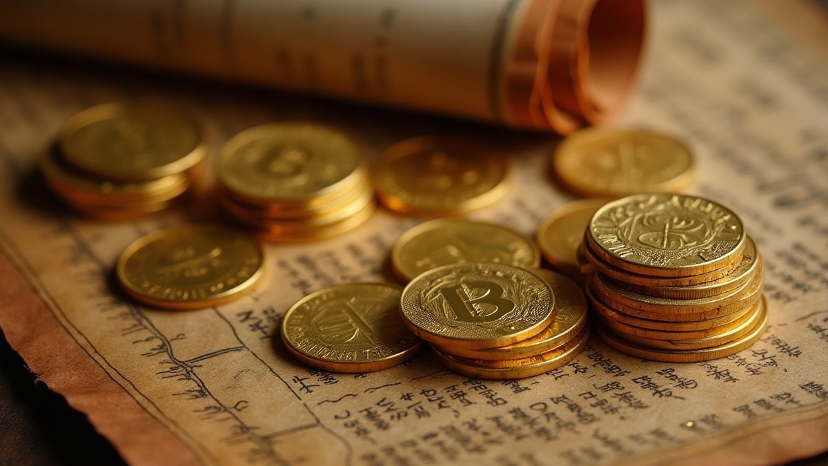 Stapel gouden munten en oude Aziatische perkamenten.