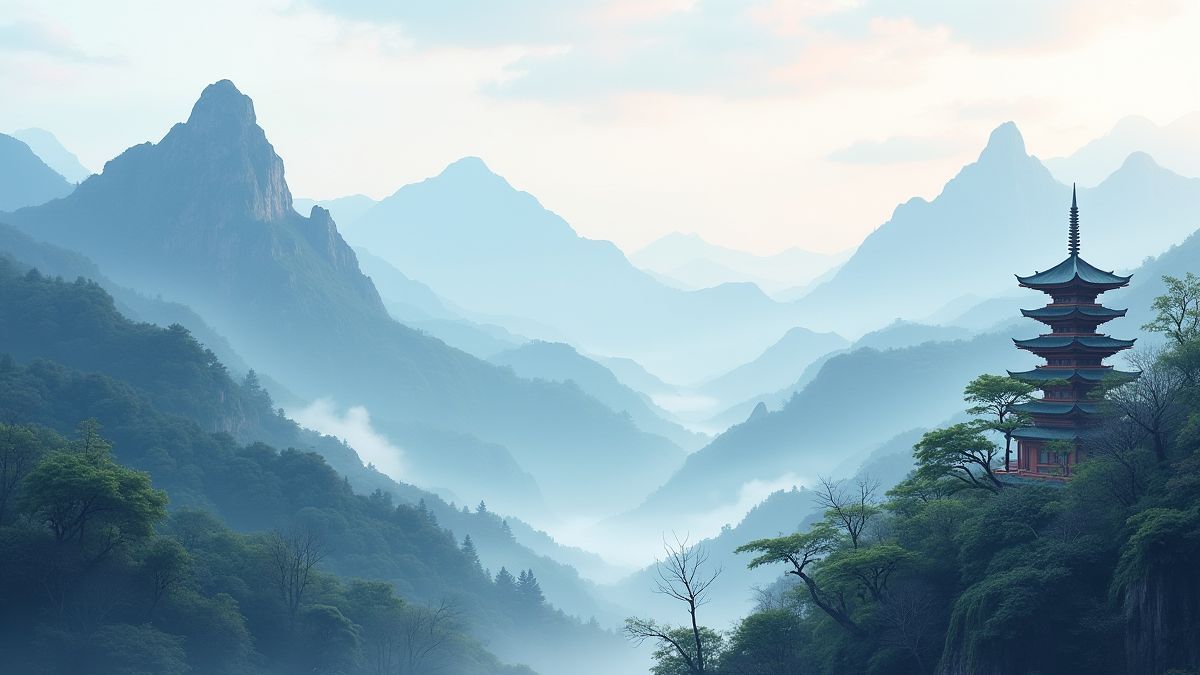 Aziatisch landschap met een pagode en bergen.