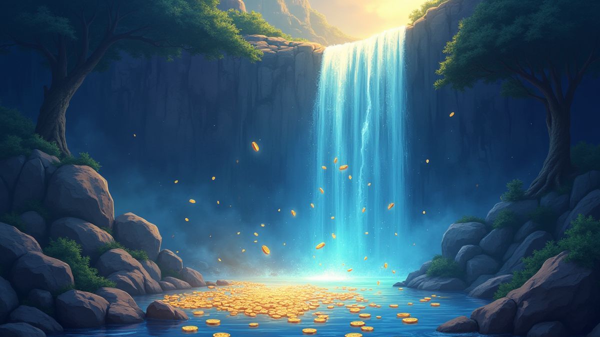 Una cascada mágica con monedas y gemas flotando.