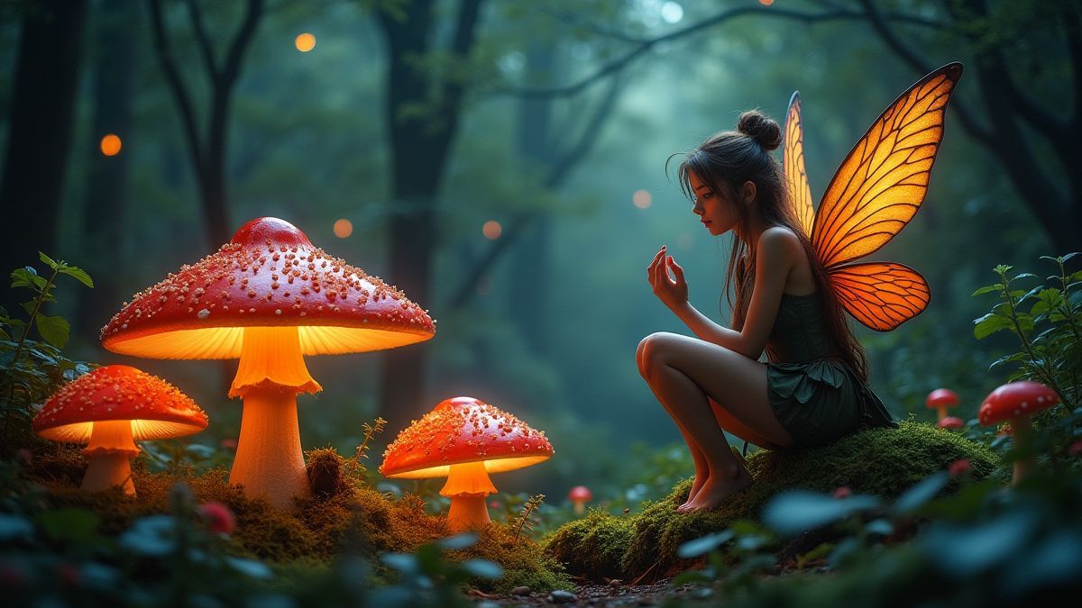 Magische Kreaturen und leuchtende Pilze in einem verzauberten Wald