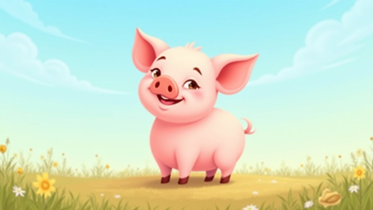 Animated pig in a farm field with a blue sky.