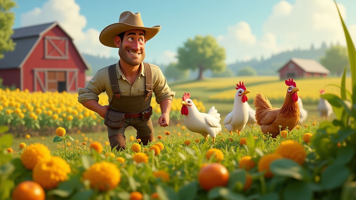 Animated farm scene with crops, chickens, and a farmer.