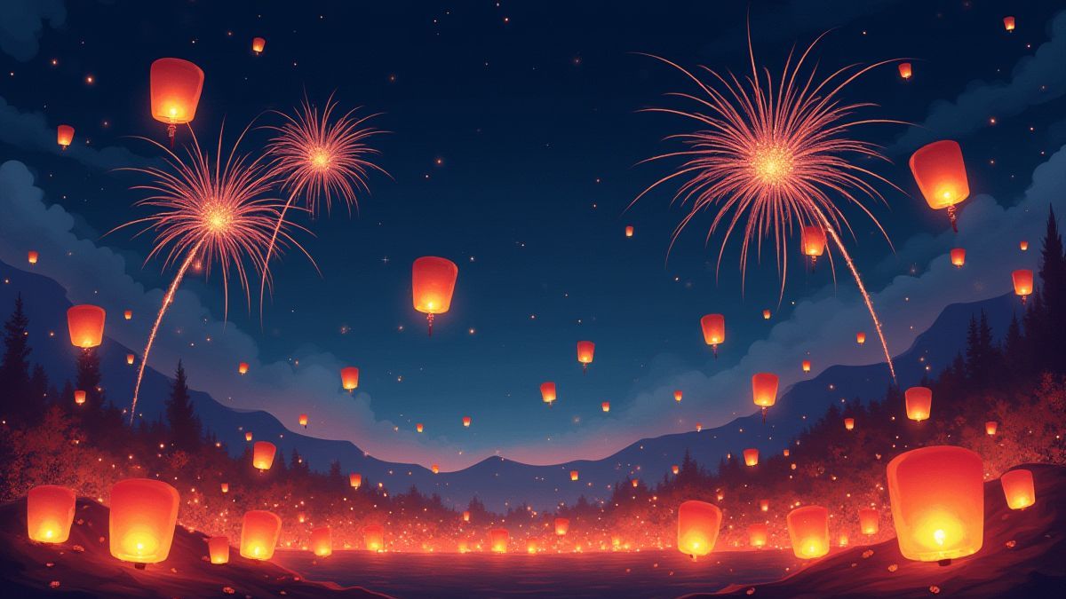 A nighttime festival with lanterns and fireworks lighting up the sky.