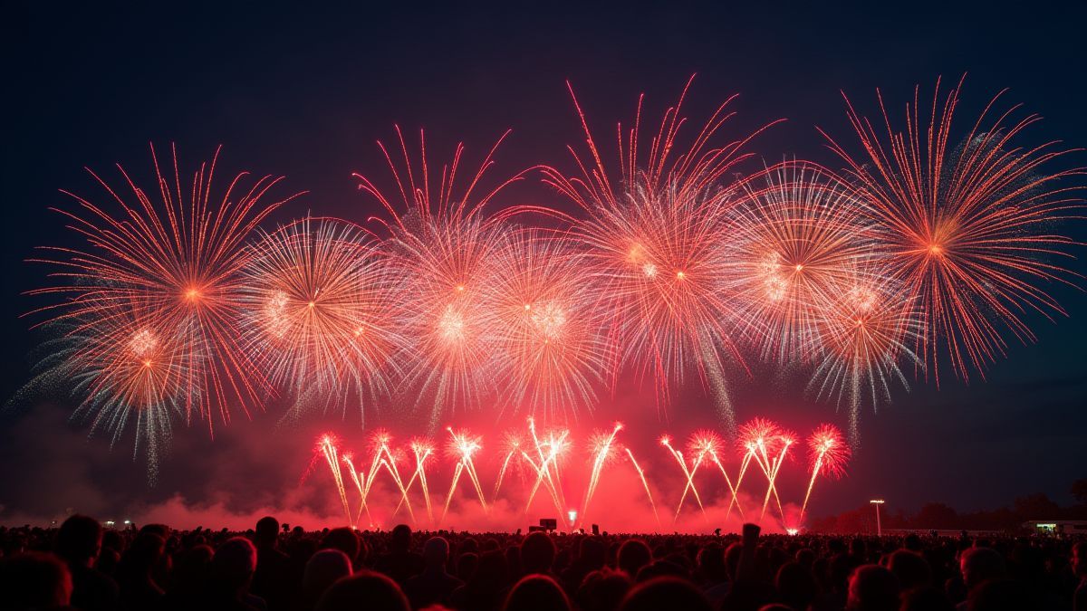 A celebration scene with colorful fireworks illuminating the sky.