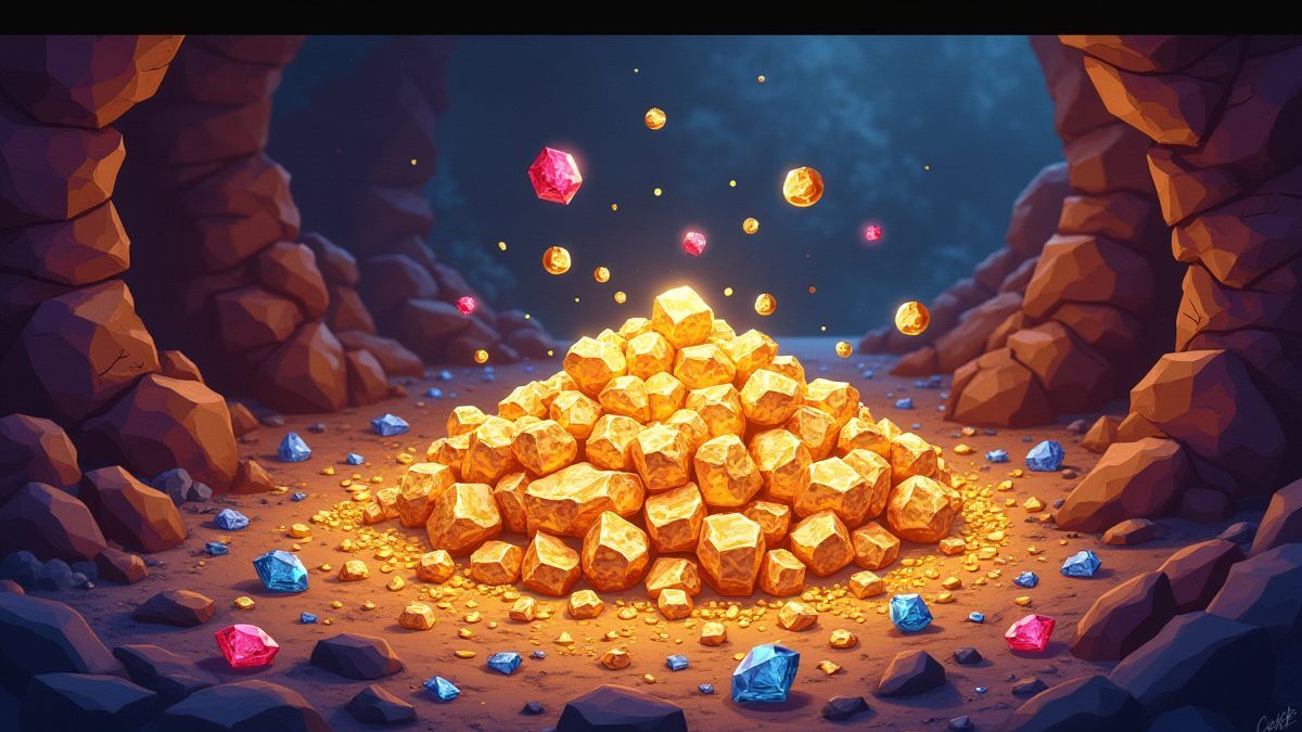Een mijn vol goud, robijnen en diamanten in een animatiestijl.